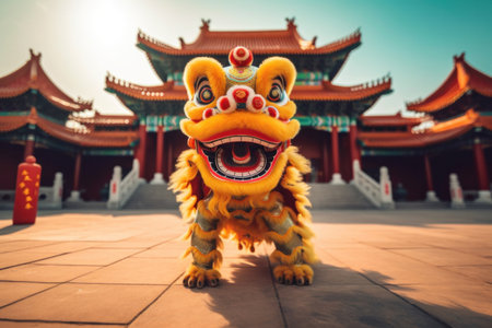 Chinese traditional lion dance costume performing at a temple in China. Chinese New Year Celebration.の素材