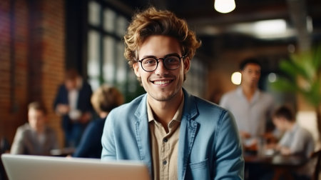 A businessman works on laptop, does data analysis and creative designer, Looks at Camera and Smiles. E-Commerce startup project.の素材