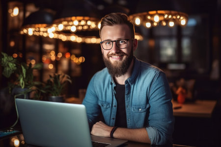 A businessman works on laptop, does data analysis and creative designer, Looks at Camera and Smiles. E-Commerce startup project.の素材