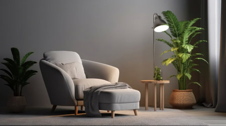 Armchair with pillow, glowing lamp, plant in pot, ottoman and round carpet on floor on gray wall background in living room. modern interiors, simple scandinavian design.の素材