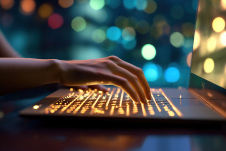 Close up hand of Businesswoman using laptop searching Browsing Internet Data Information. Networking Concept.の素材