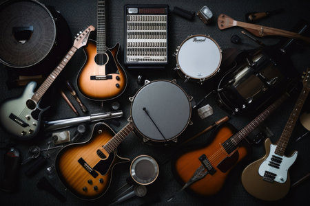Group of musical instruments including a guitar, drum, keyboard, tambourine. Top viewの素材