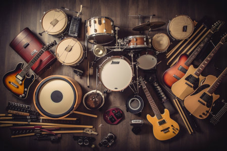 Group of musical instruments including a guitar, drum, keyboard, tambourine. Top viewの素材