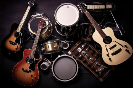 Group of musical instruments including a guitar, drum, keyboard, tambourine. Top viewの素材