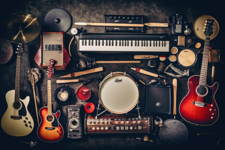 Group of musical instruments including a guitar, drum, keyboard, tambourine. Top viewの素材
