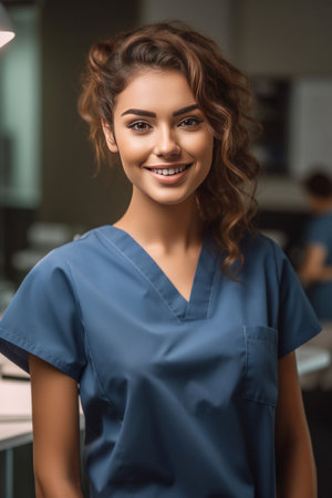 Portrait of Smile female medical assistant with clipboard in clinic.の素材