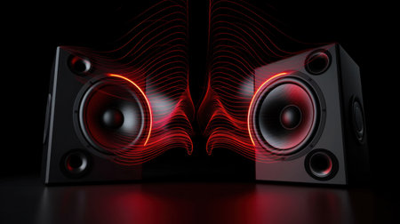 Two sound speakers with sound wave between them on black.の素材