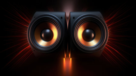 Two sound speakers with sound wave between them on black.の素材