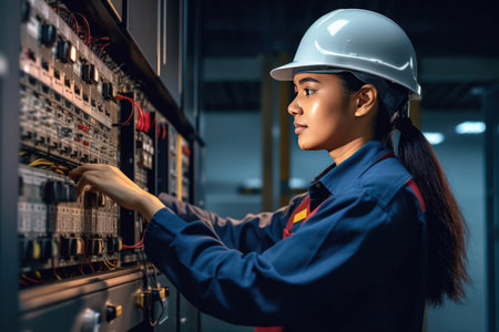 A female electrical engineer working front HVAC control panels, Technician daily check solar cell controls system for security functions in service room at factory.の素材