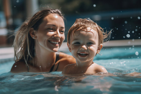A happy child playing in the pool together with mother.の素材