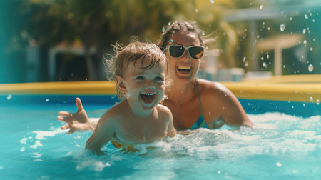 A happy child playing in the pool together with mother.の素材