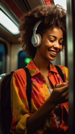 African American woman passenger listening music via smart mobile phone in a train, Smile female wearing wireless headphones while moving in the tram.の素材