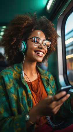 African American woman passenger listening music via smart mobile phone in a train, Smile female wearing wireless headphones while moving in the tram.の素材