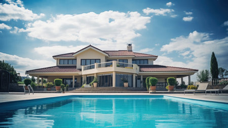 Beautiful home exterior and large swimming pool on sunny day with blue sky.の素材