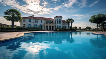 Beautiful home exterior and large swimming pool on sunny day with blue sky.の素材