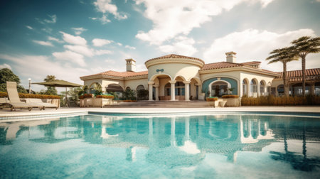 Beautiful home exterior and large swimming pool on sunny day with blue sky.の素材