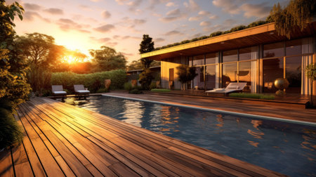 Luxury home, swimming pool and decking in garden.の素材