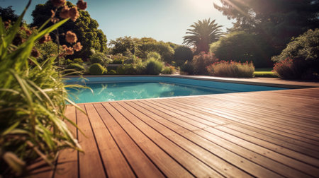 Luxury home, swimming pool and decking in garden.の素材