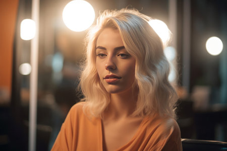 A beautiful blonde model woman sitting on the chair and talks to the hairstylist barber in the hairdresser salon gets a new haircut, dyes her hair and style it.の素材