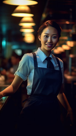 A beautiful young waitress serving in motion on duty in restaurant.の素材