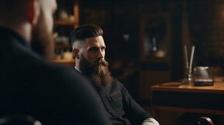 A handsome model man with a beard sitting on the chair and talks to the hairstylist barber in the hairdresser. Barbershop salon gets a new haircut trim and style it.の素材