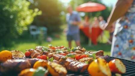 A friends having a picnic barbeque grill in the garden. having fun eating and enjoying time. Sunny day in the summer.の素材