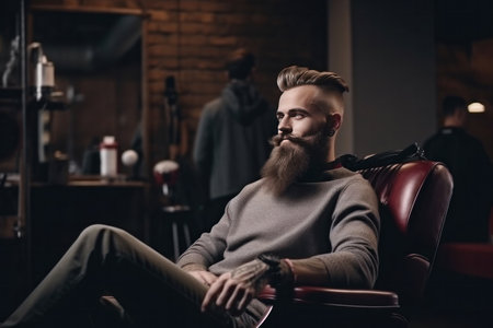 A handsome model man with a beard sitting on the chair and talks to the hairstylist barber in the hairdresser. Barbershop salon gets a new haircut trim and style it.の素材