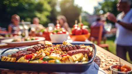 A friends having a picnic barbeque grill in the garden. having fun eating and enjoying time. Sunny day in the summer.の素材
