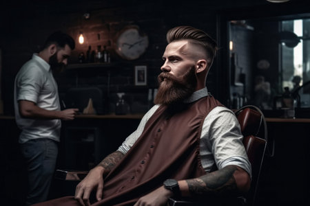 A handsome model man with a beard sitting on the chair and talks to the hairstylist barber in the hairdresser. Barbershop salon gets a new haircut trim and style it.の素材