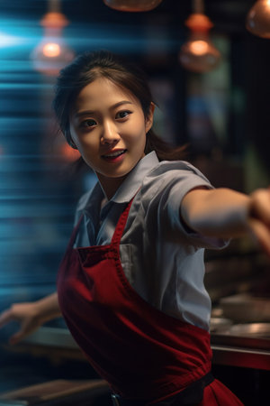 Asian beautiful yong waitress serving in motion on duty in restaurant.の素材