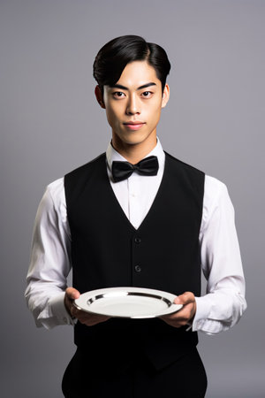 Asian handsome young waiter in tuxedo and gloves holding empty tray on white background.の素材