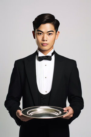 Asian handsome young waiter in tuxedo and gloves holding empty tray on white background.の素材