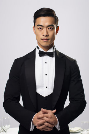 Portrait of handsome young waiter in tuxedo and gloves while happily looking in camera with arms folded on white background.の素材
