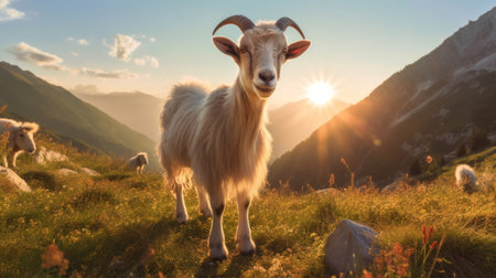 A goat playing near a mountain edge.の素材