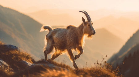 A goat playing near a mountain edge.の素材