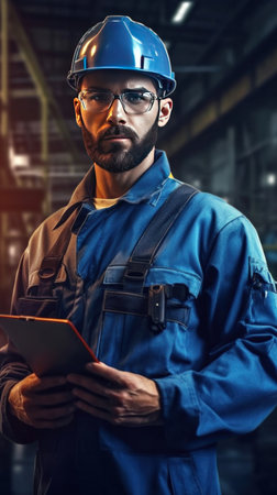A confident engineer in blue jumpsuit holding laptop computer in steel factory.の素材