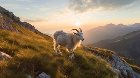 A goat playing near a mountain edge.の素材