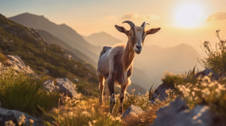 A goat playing near a mountain edge.の素材