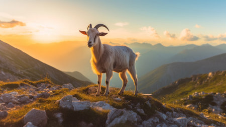 A goat playing near a mountain edge.の素材