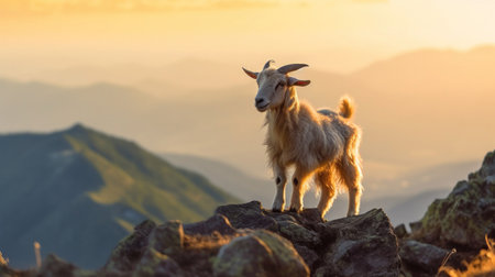 A goat playing near a mountain edge.の素材