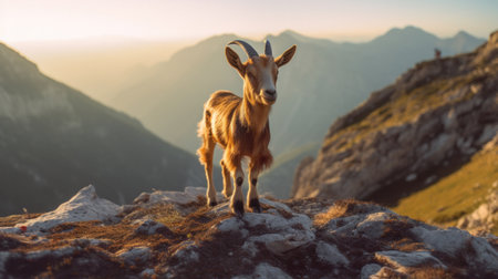 A goat playing near a mountain edge.の素材