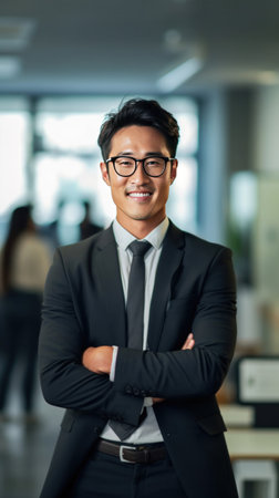 Asian business man standing in an office smiling confidently. Business corporate people background.の素材