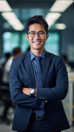 Asian business man standing in an office smiling confidently. Business corporate people background.の素材