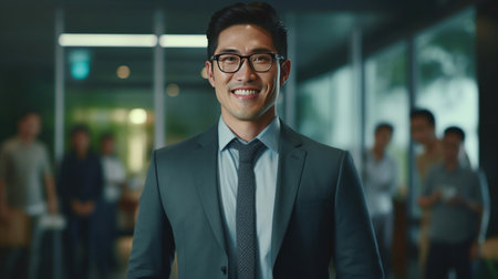 Asian business man standing in an office smiling confidently. Business corporate people background.の素材