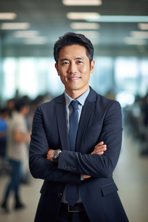 Asian business man standing in an office smiling confidently. Business corporate people background.の素材