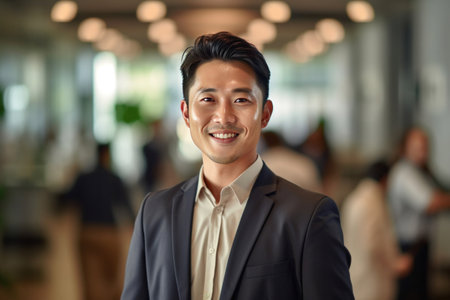Asian business man standing in an office smiling confidently. Business corporate people background.の素材