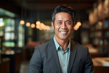 Asian business man standing in an office smiling confidently. Business corporate people background.の素材
