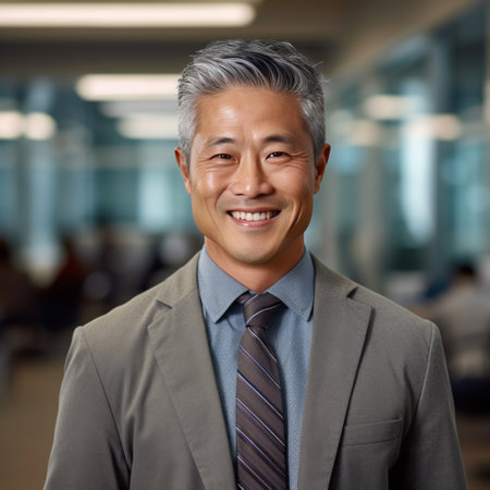 Asian mature professional business man standing in an office smiling confidently. Business corporate people background.の素材