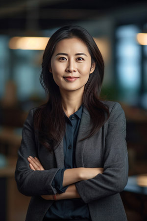 Asian mature professional business woman standing in an office smiling confidently. Business corporate people background.の素材
