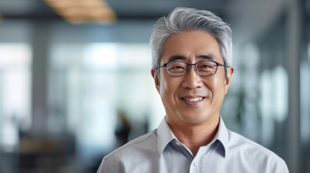 Asian mature professional business man standing in an office smiling confidently. Business corporate people background.の素材